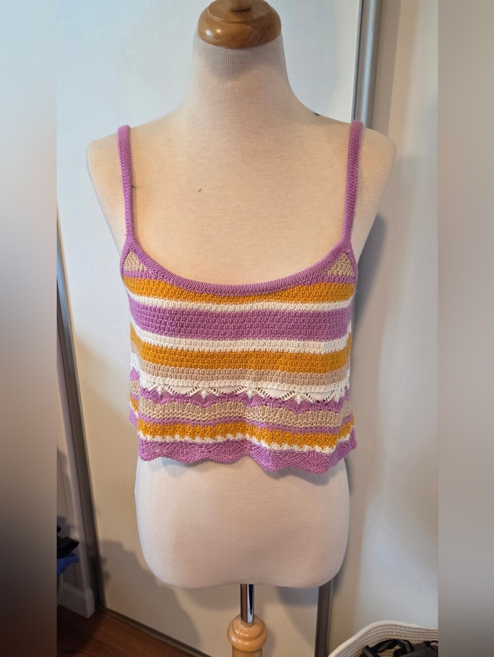 No Comment Crochet Striped Tank Top And Shorts Sz XL - Lavender, Mustard & White